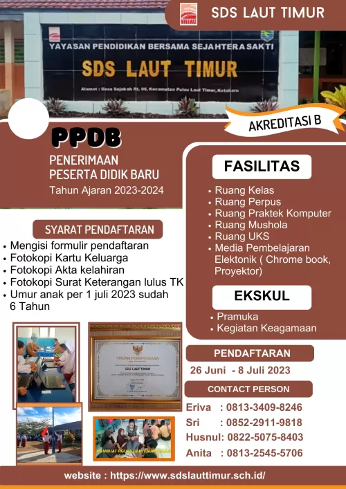 PENGUMUMAN PENERIMAAN PESERTA DIDIK BARU SDS LAUT TIMUR TAHU